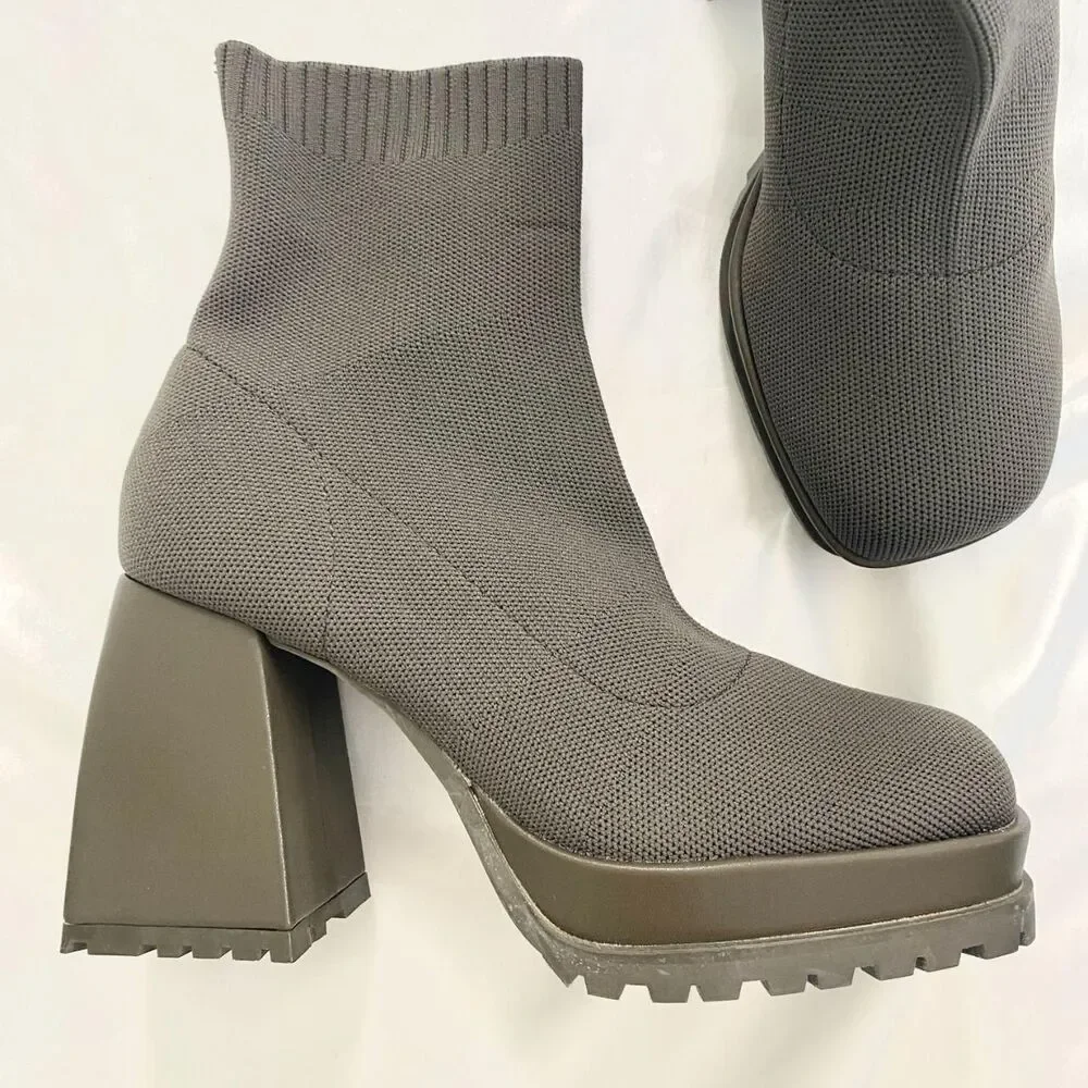 Lemonade Taupe Chunky Platform Sock Boots Lug Sole Block Heel Minimalist Boots 7